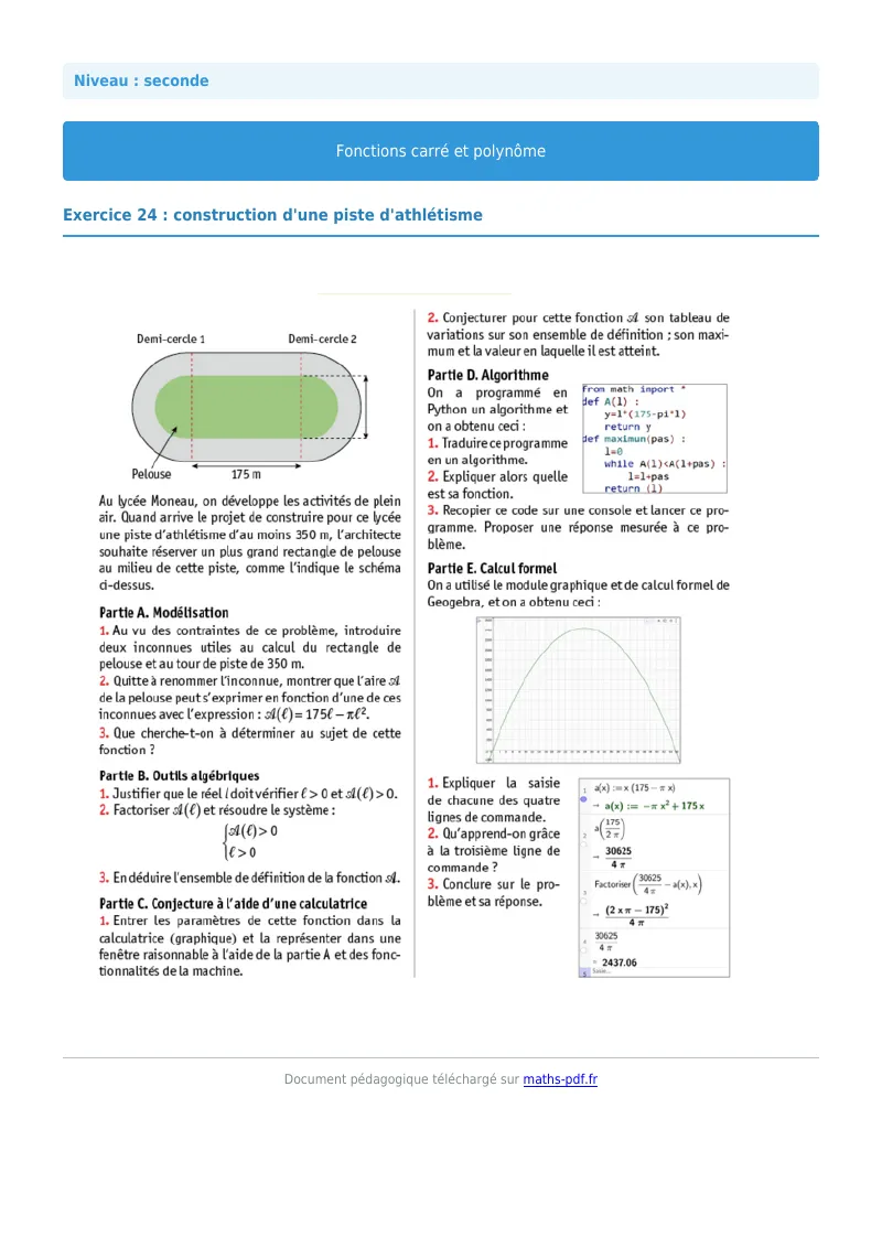 Fonction carrée et polynôme : exercice n°24 de maths en seconde corrigé en PDF