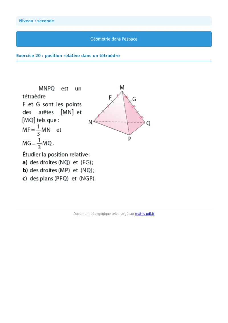 Géométrie dans l’espace : exercice n°20 de maths en seconde corrigé en PDF