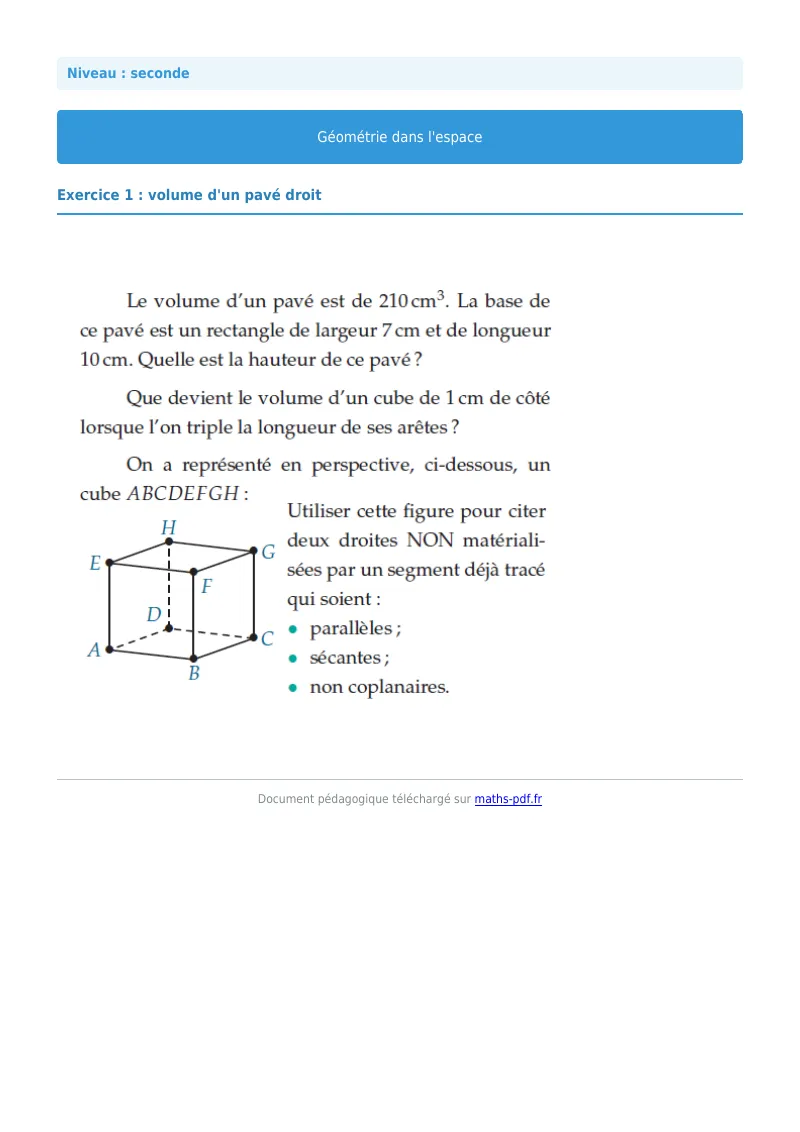 Géométrie dans l’espace : exercice n°1 de maths en seconde corrigé en PDF