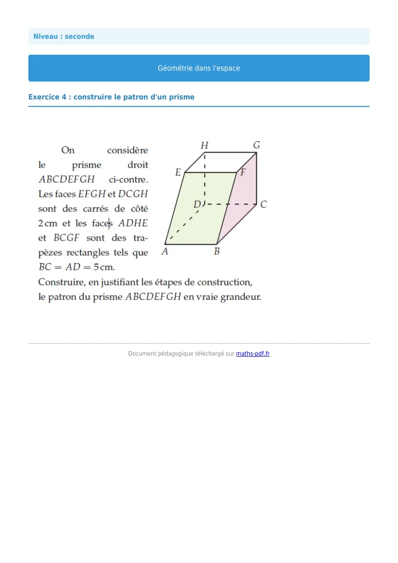 Géométrie dans l’espace : exercice n°4 de maths en seconde corrigé en PDF