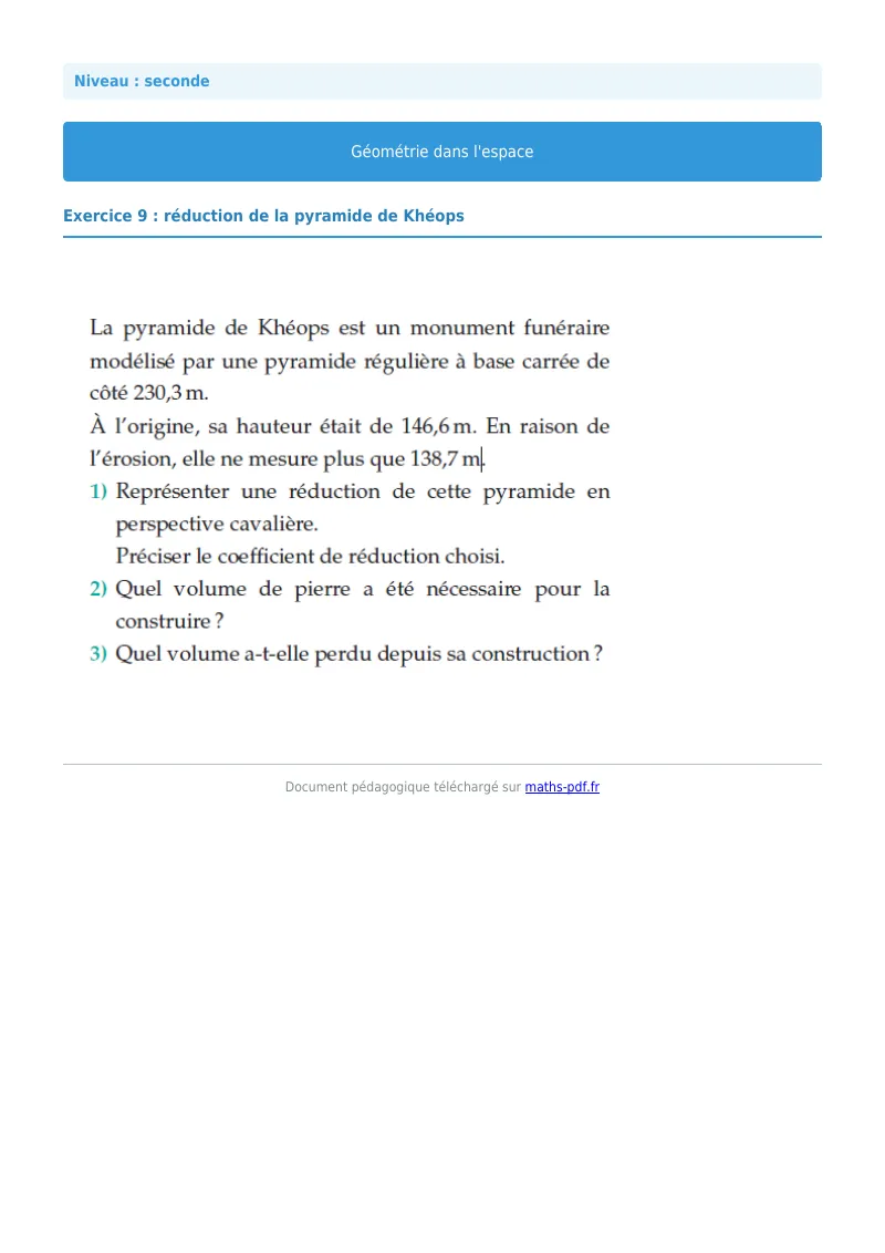 Géométrie dans l’espace : exercice n°9 de maths en seconde corrigé en PDF