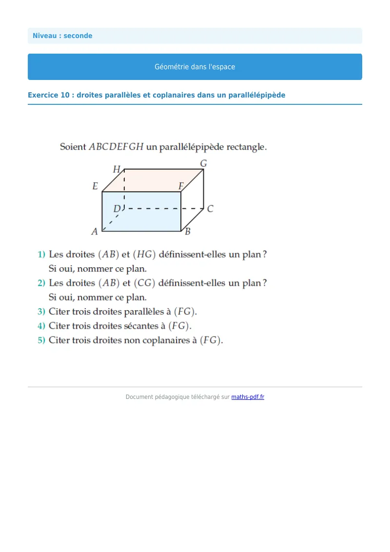 Géométrie dans l’espace : exercice n°10 de maths en seconde corrigé en PDF