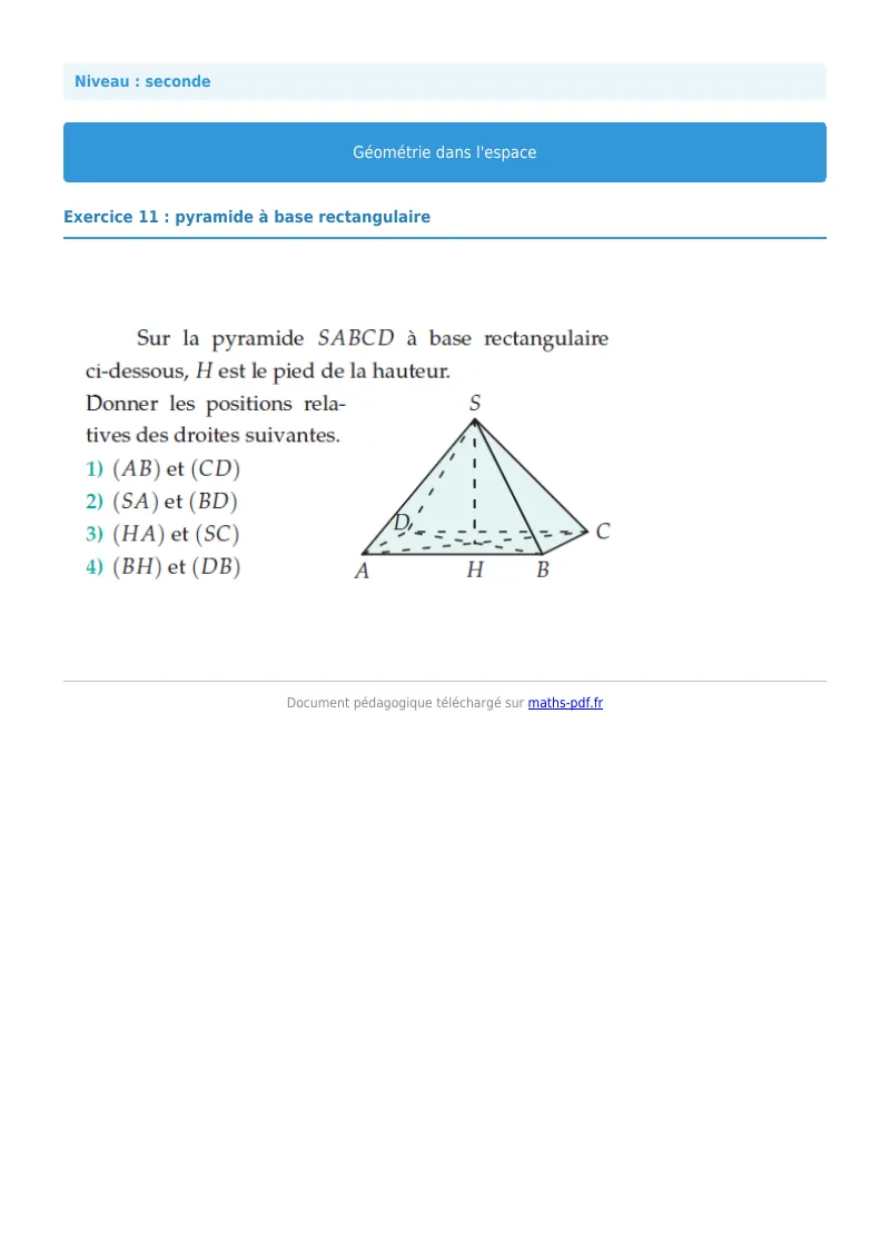 Géométrie dans l’espace : exercice n°11 de maths en seconde corrigé en PDF