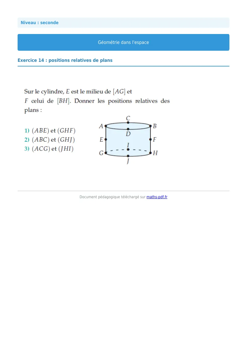 Géométrie dans l’espace : exercice n°14 de maths en seconde corrigé en PDF