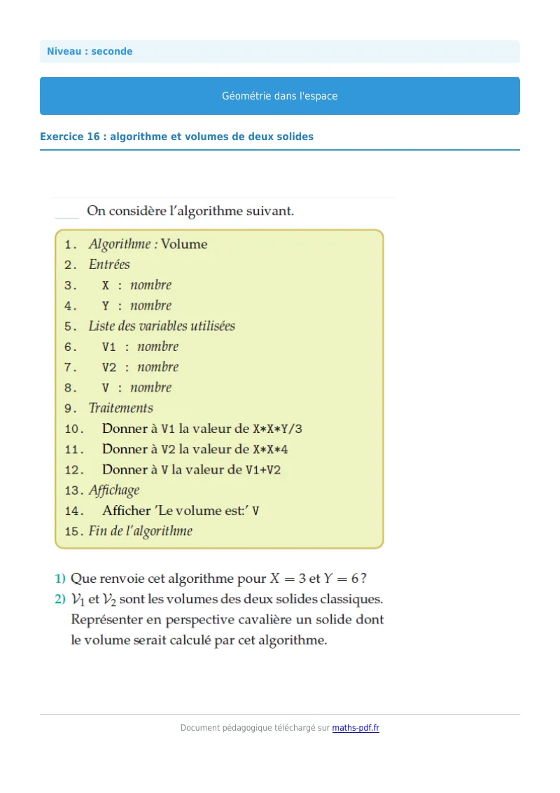 Géométrie dans l’espace : exercice n°16 de maths en seconde corrigé en PDF