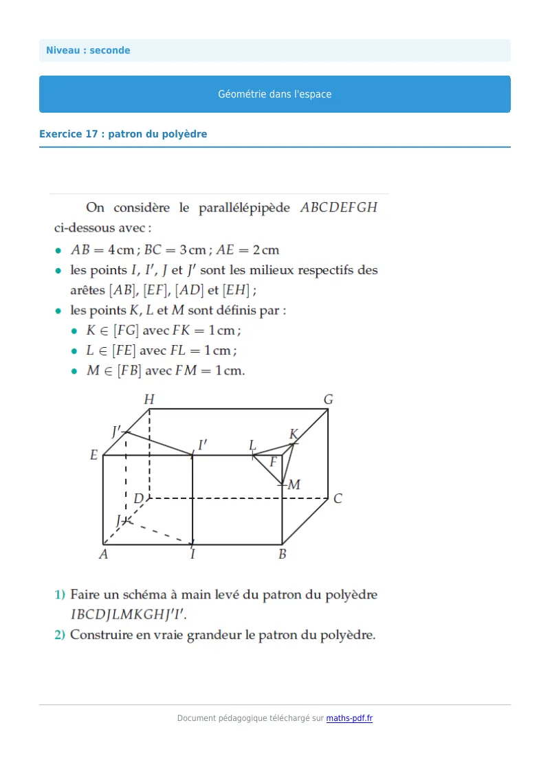 Géométrie dans l’espace : exercice n°17 de maths en seconde corrigé en PDF