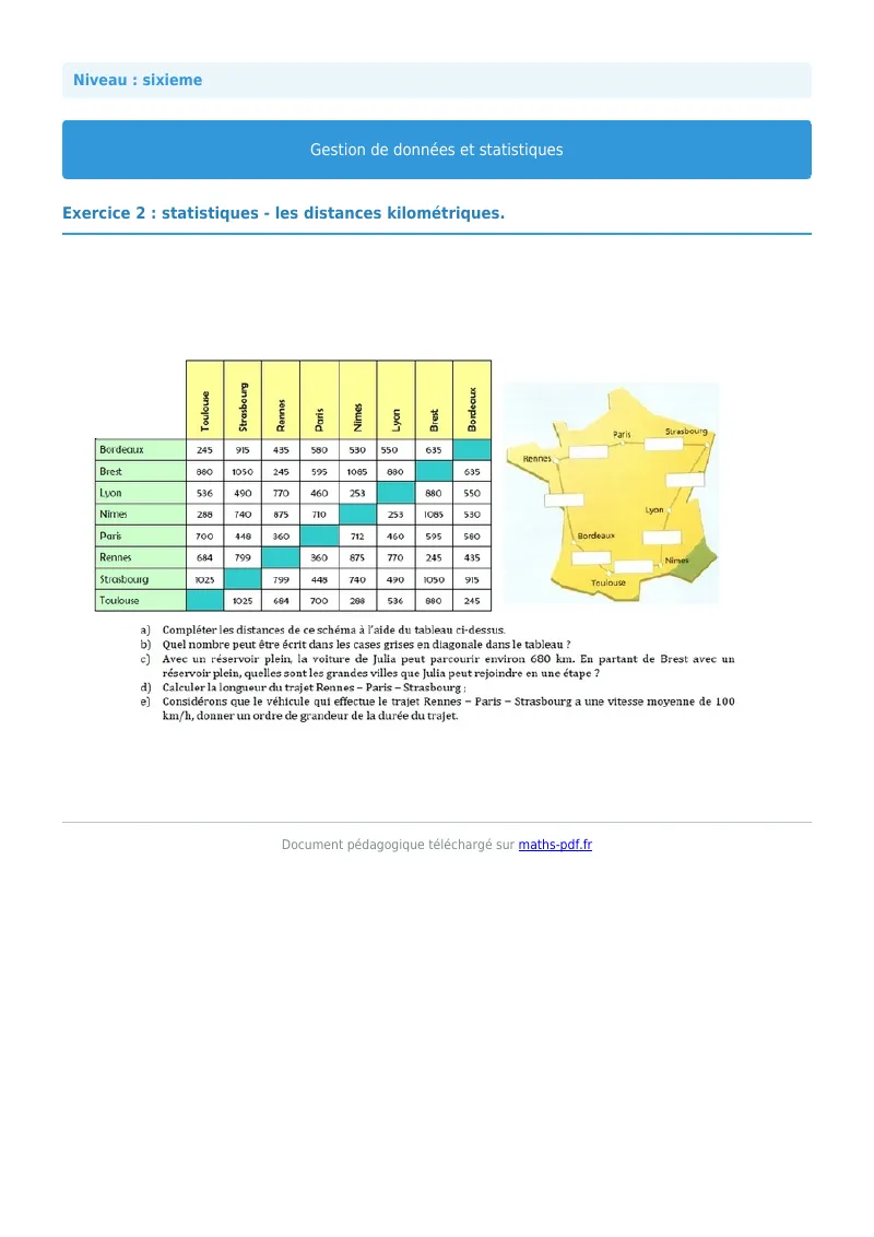 Statistiques et gestion de données : exercice n°2 de maths en 6ème corrigé en PDF