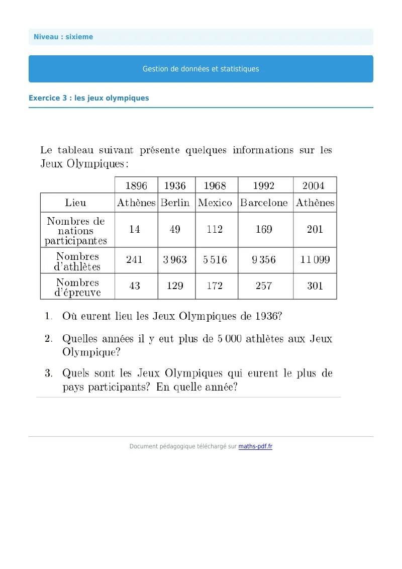 Statistiques et gestion de données : exercice n°3 de maths en 6ème corrigé en PDF