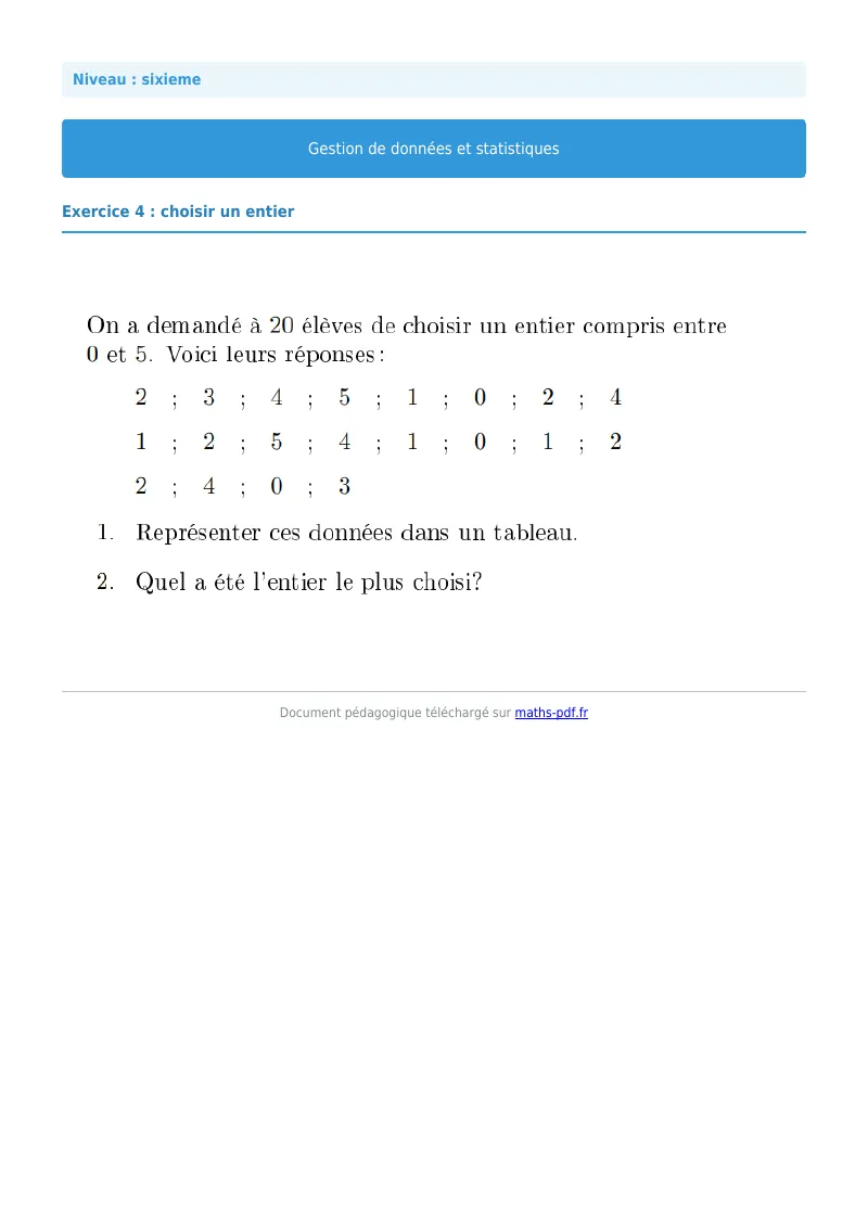 Statistiques et gestion de données : exercice n°4 de maths en 6ème corrigé en PDF