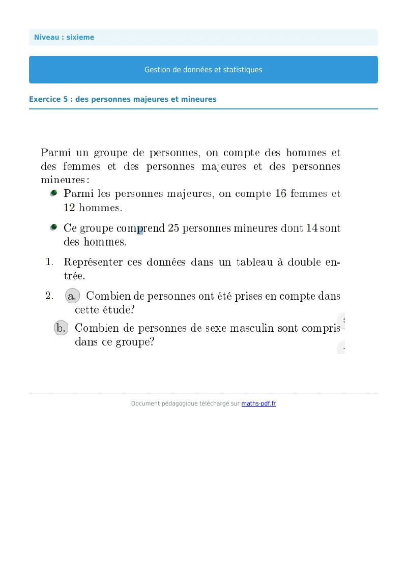 Statistiques et gestion de données : exercice n°5 de maths en 6ème corrigé en PDF