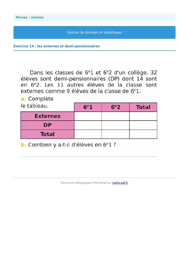 Statistiques et gestion de données : exercice n°14 de maths en 6ème corrigé en PDF