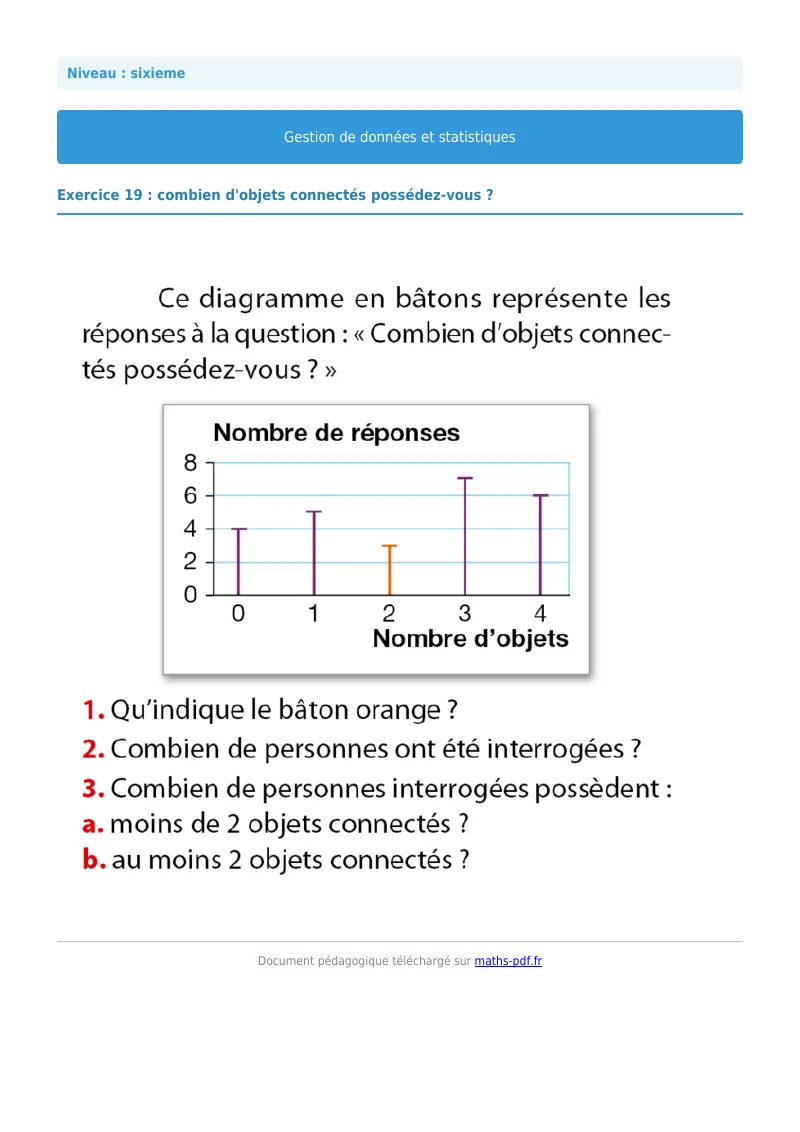 Statistiques et gestion de données : exercice n°19 de maths en 6ème corrigé en PDF
