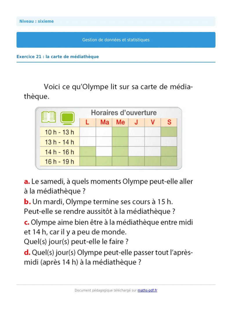 Statistiques et gestion de données : exercice n°21 de maths en 6ème corrigé en PDF