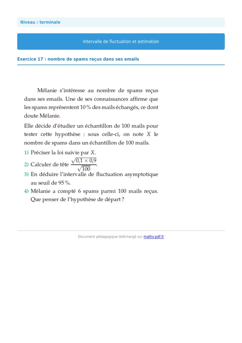 Intervalles de fluctuation : exercice n°17 de maths en terminale corrigé en PDF