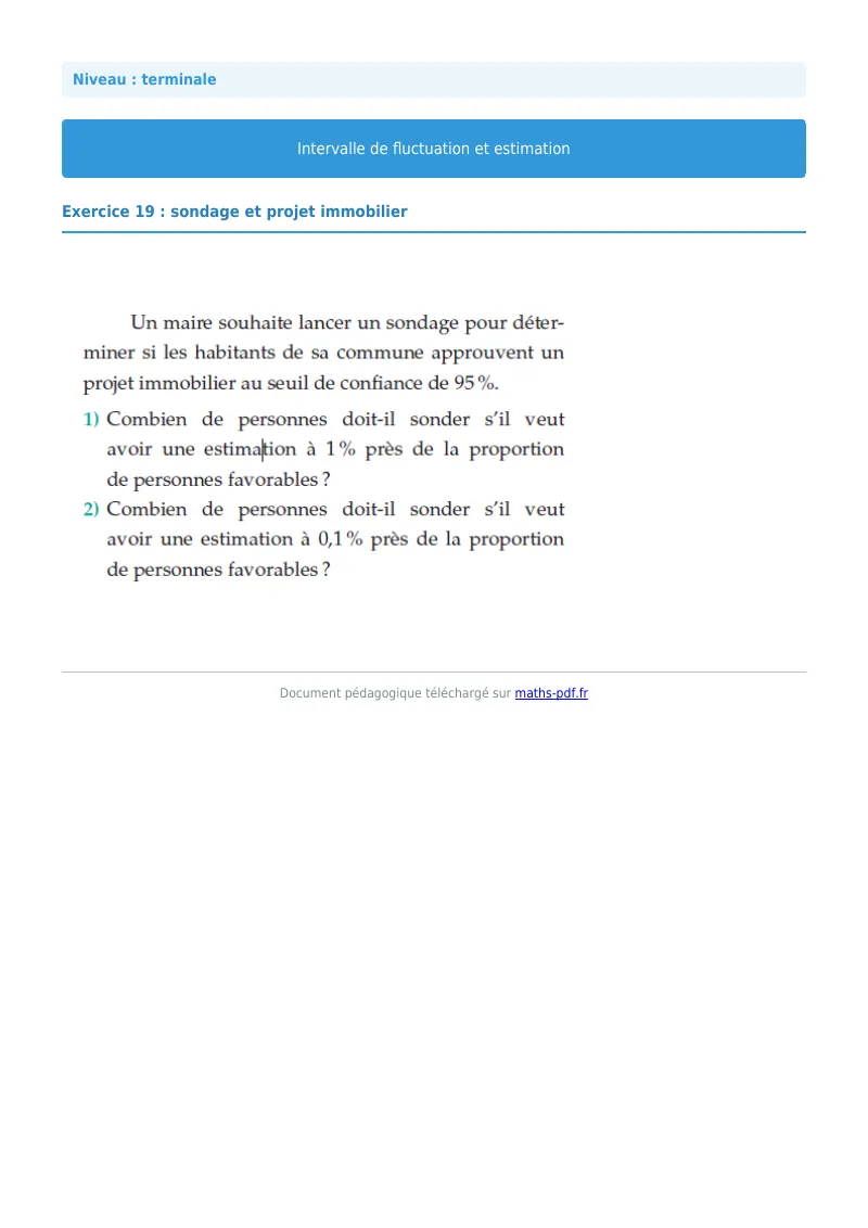 Intervalles de fluctuation : exercice n°19 de maths en terminale corrigé en PDF
