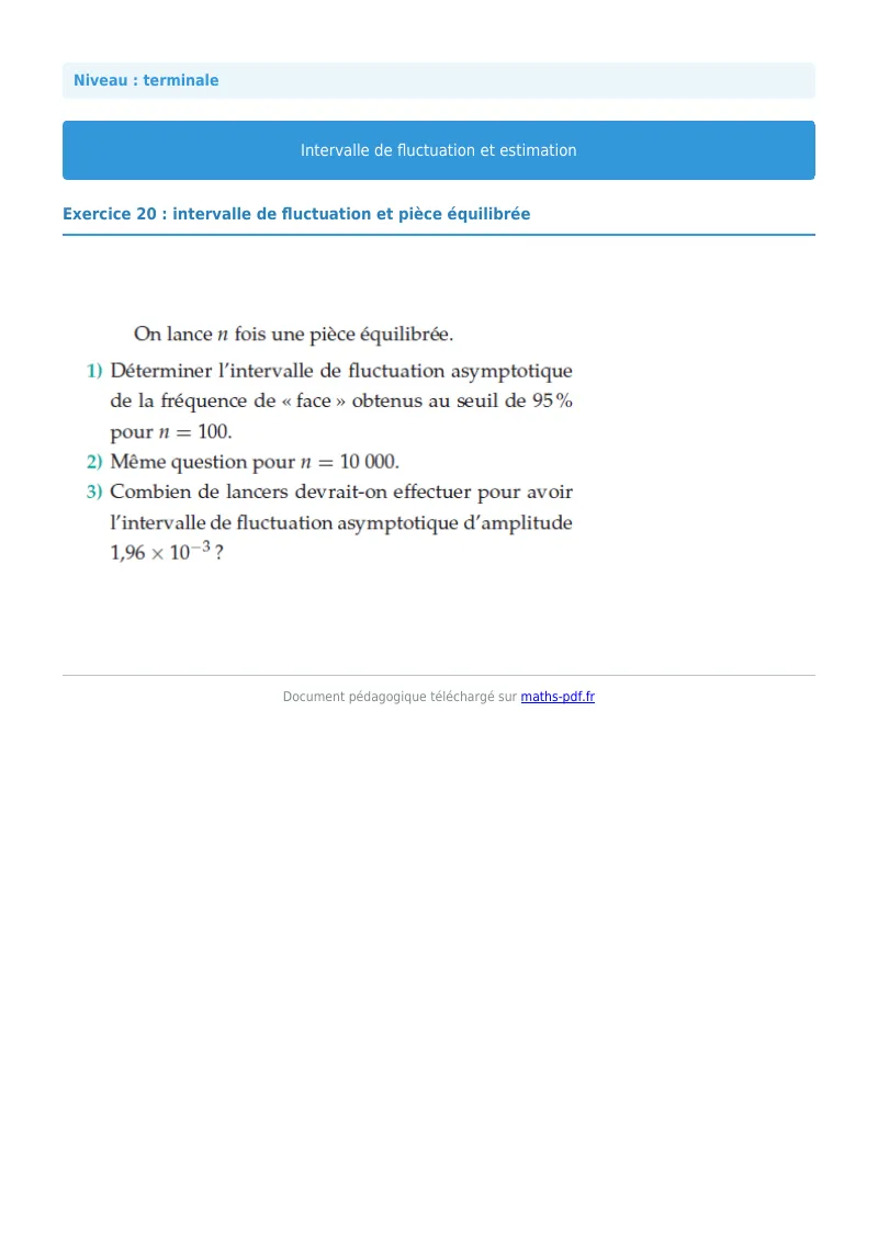 Intervalles de fluctuation : exercice n°20 de maths en terminale corrigé en PDF