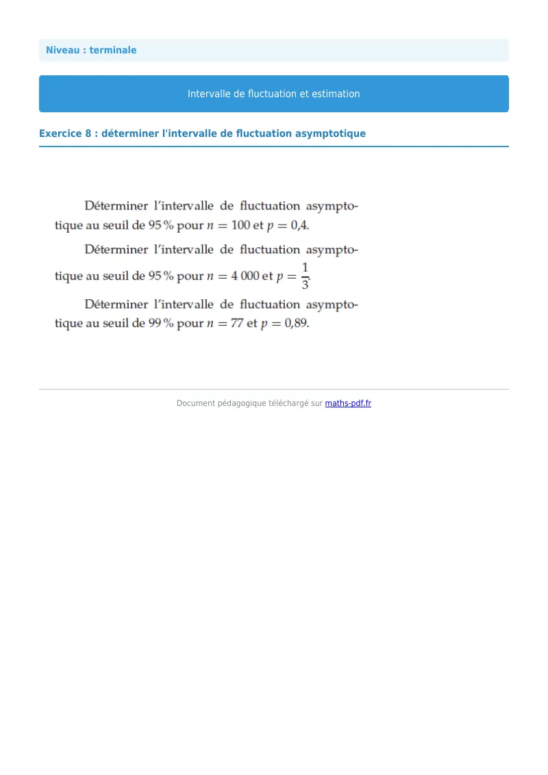 Intervalles de fluctuation : exercice n°8 de maths en terminale corrigé en PDF