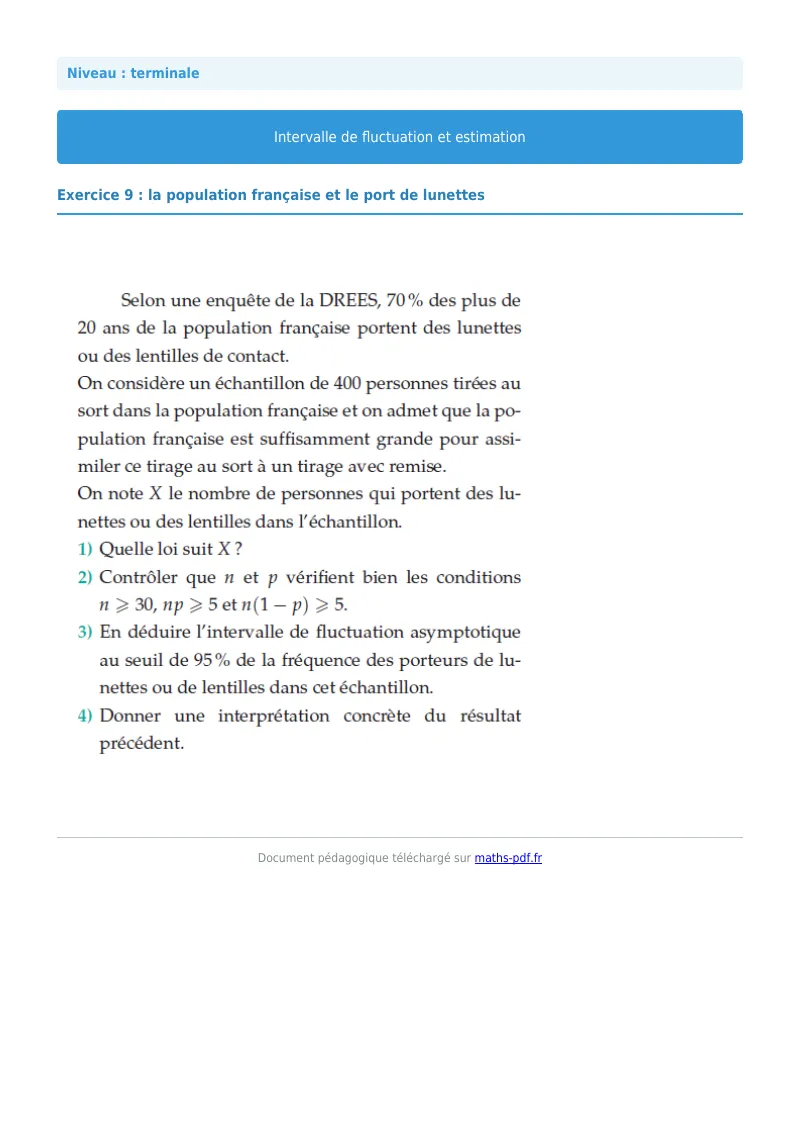 Intervalles de fluctuation : exercice n°9 de maths en terminale corrigé en PDF