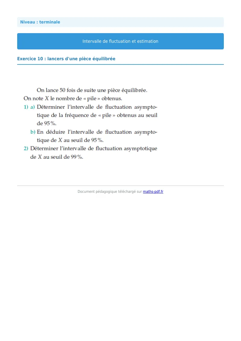 Intervalles de fluctuation : exercice n°10 de maths en terminale corrigé en PDF