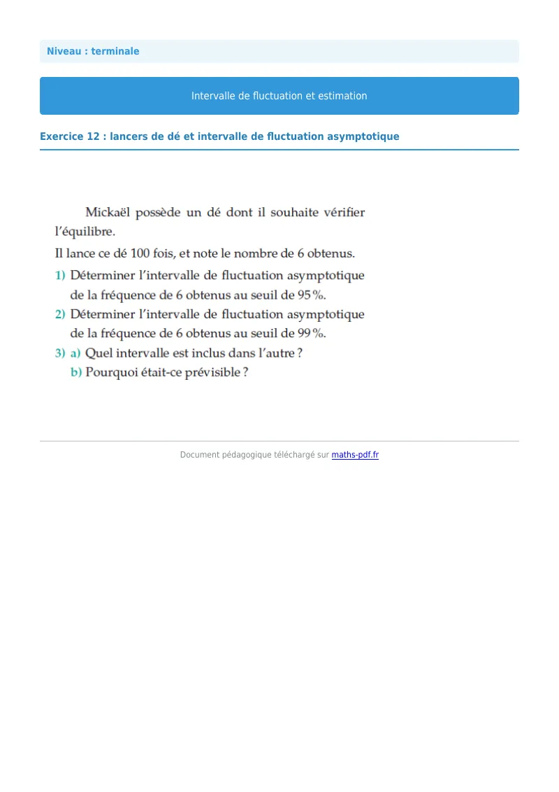 Intervalles de fluctuation : exercice n°12 de maths en terminale corrigé en PDF