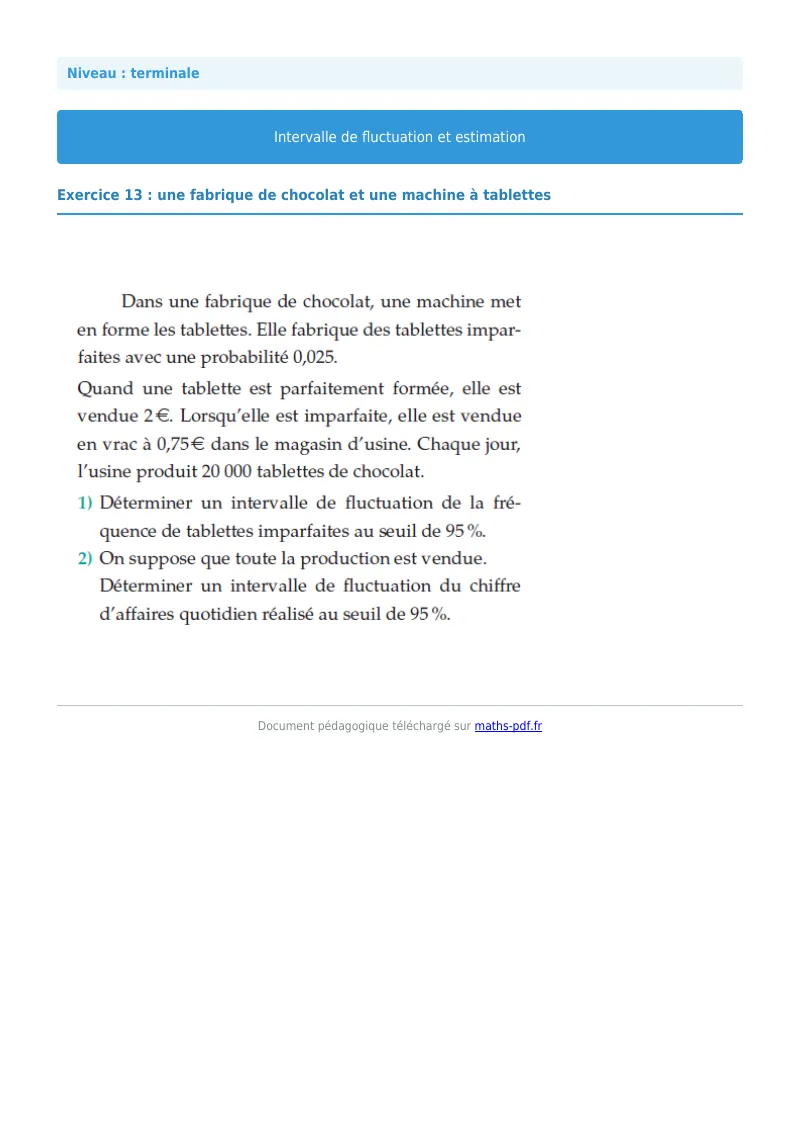 Intervalles de fluctuation : exercice n°13 de maths en terminale corrigé en PDF