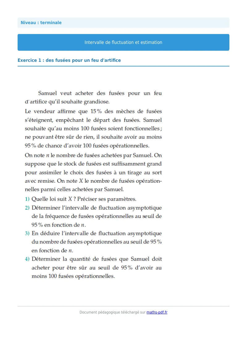 Intervalles de fluctuation : exercice n°1 de maths en terminale corrigé en PDF