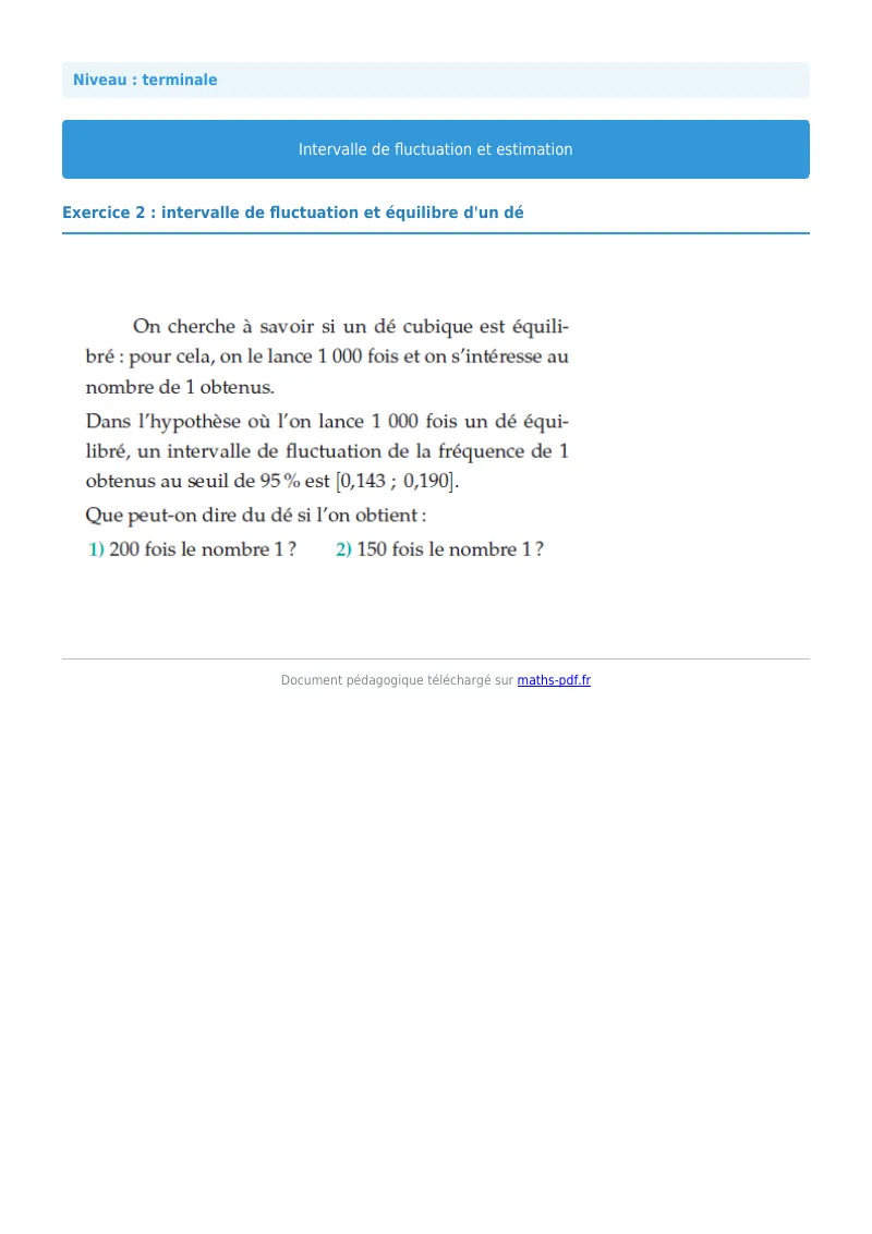Intervalles de fluctuation : exercice n°2 de maths en terminale corrigé en PDF
