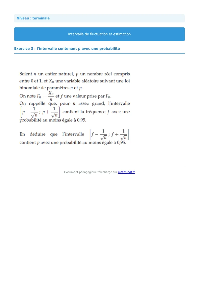Intervalles de fluctuation : exercice n°3 de maths en terminale corrigé en PDF
