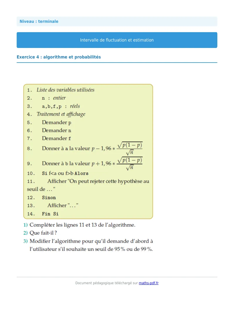 Intervalles de fluctuation : exercice n°4 de maths en terminale corrigé en PDF