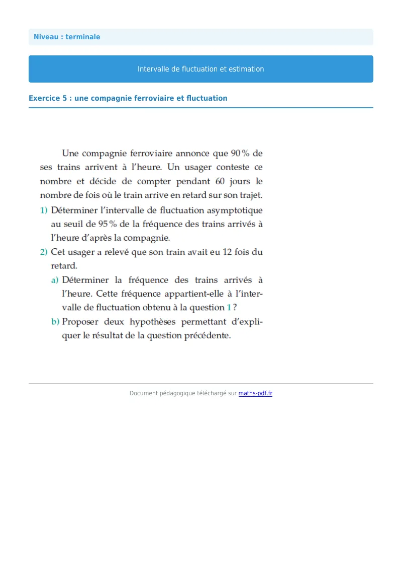Intervalles de fluctuation : exercice n°5 de maths en terminale corrigé en PDF