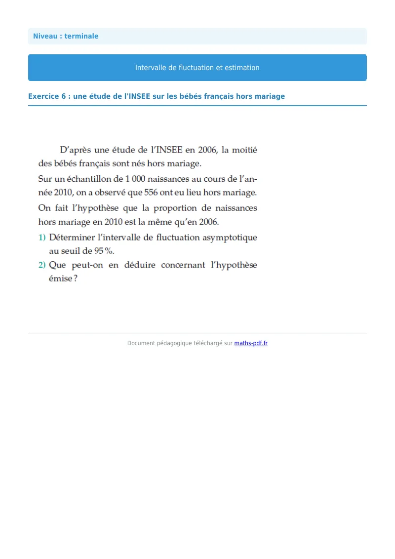 Intervalles de fluctuation : exercice n°6 de maths en terminale corrigé en PDF