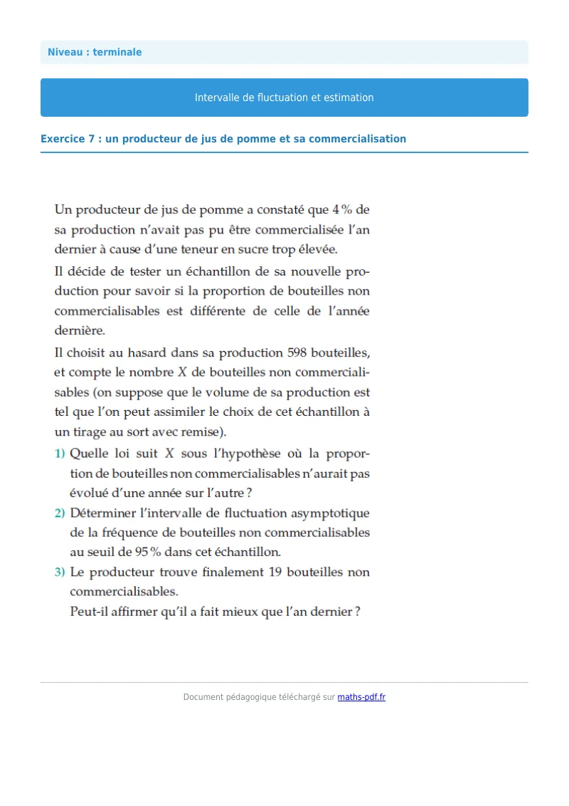 Intervalles de fluctuation : exercice n°7 de maths en terminale corrigé en PDF