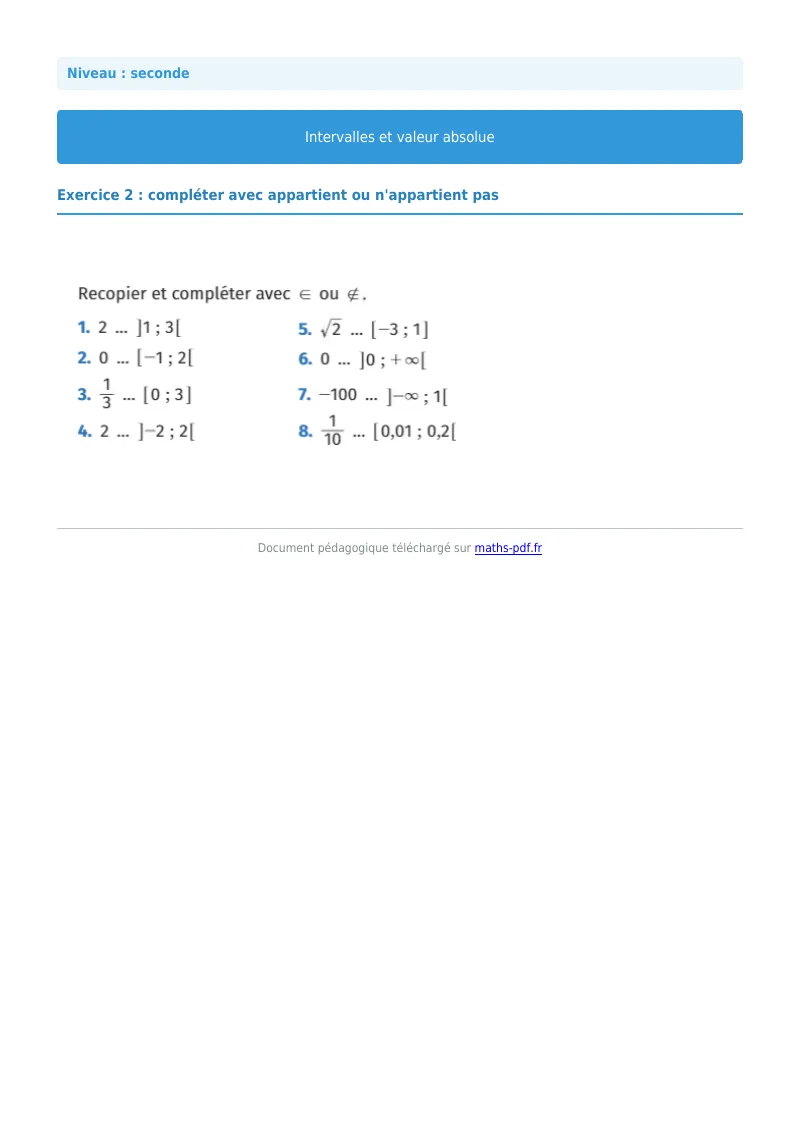 Intervalles et valeur absolue : exercice n°2 de maths en seconde corrigé en PDF
