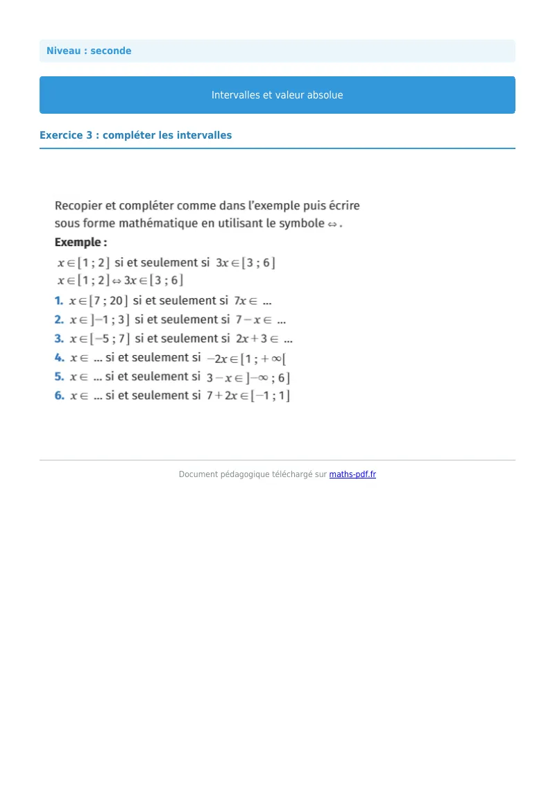 Intervalles et valeur absolue : exercice n°3 de maths en seconde corrigé en PDF