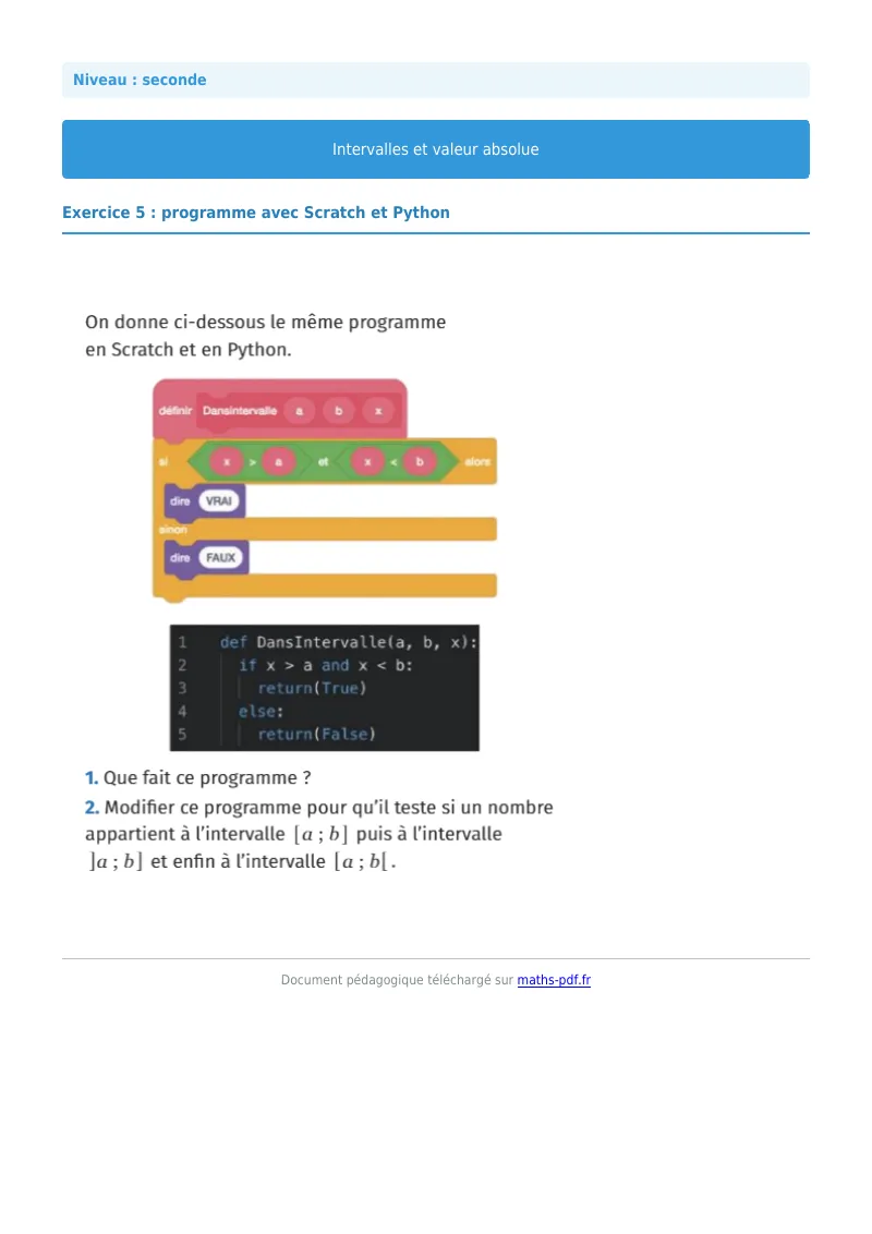 Intervalles et valeur absolue : exercice n°5 de maths en seconde corrigé en PDF