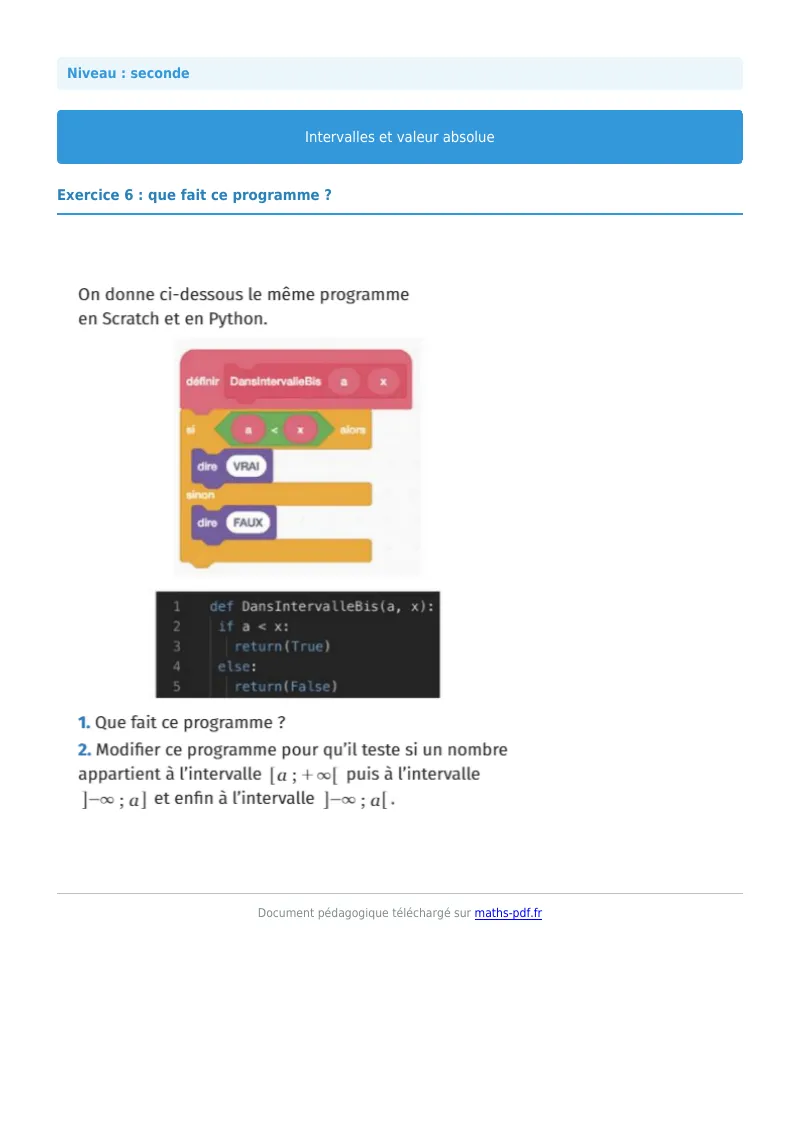 Intervalles et valeur absolue : exercice n°6 de maths en seconde corrigé en PDF