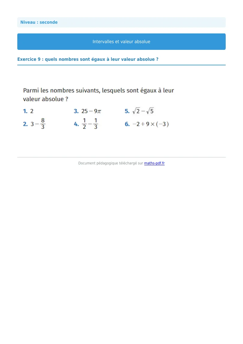 Intervalles et valeur absolue : exercice n°9 de maths en seconde corrigé en PDF