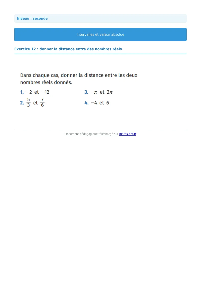 Intervalles et valeur absolue : exercice n°12 de maths en seconde corrigé en PDF