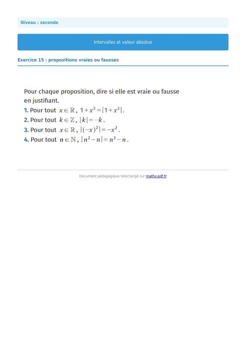 Intervalles et valeur absolue : exercice n°15 de maths en seconde corrigé en PDF