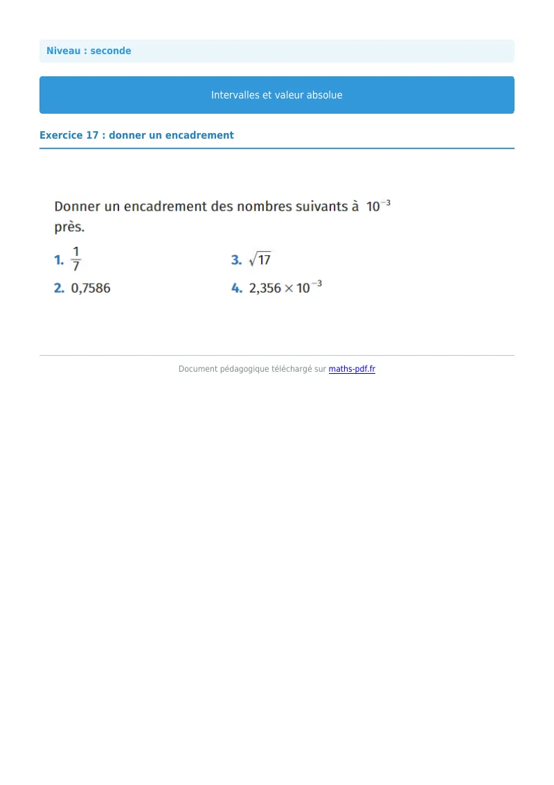 Intervalles et valeur absolue : exercice n°17 de maths en seconde corrigé en PDF