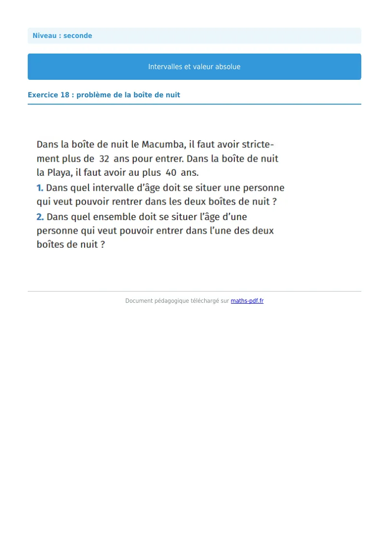 Intervalles et valeur absolue : exercice n°18 de maths en seconde corrigé en PDF