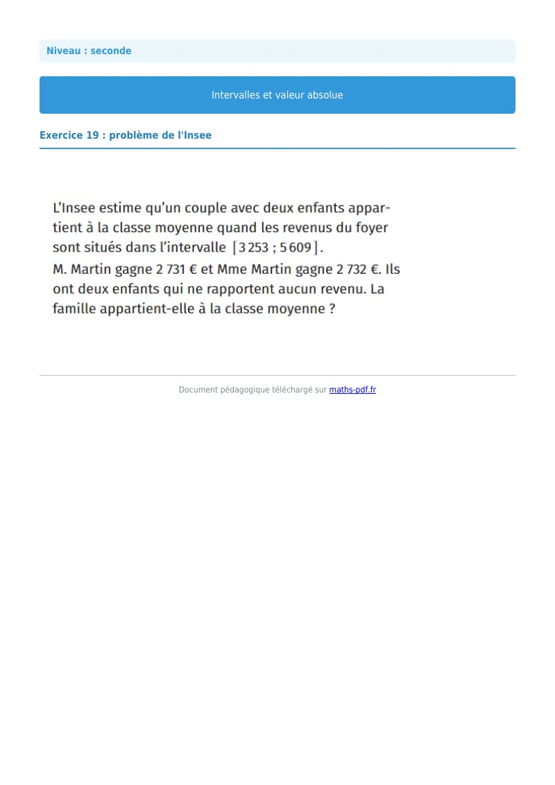 Intervalles et valeur absolue : exercice n°19 de maths en seconde corrigé en PDF
