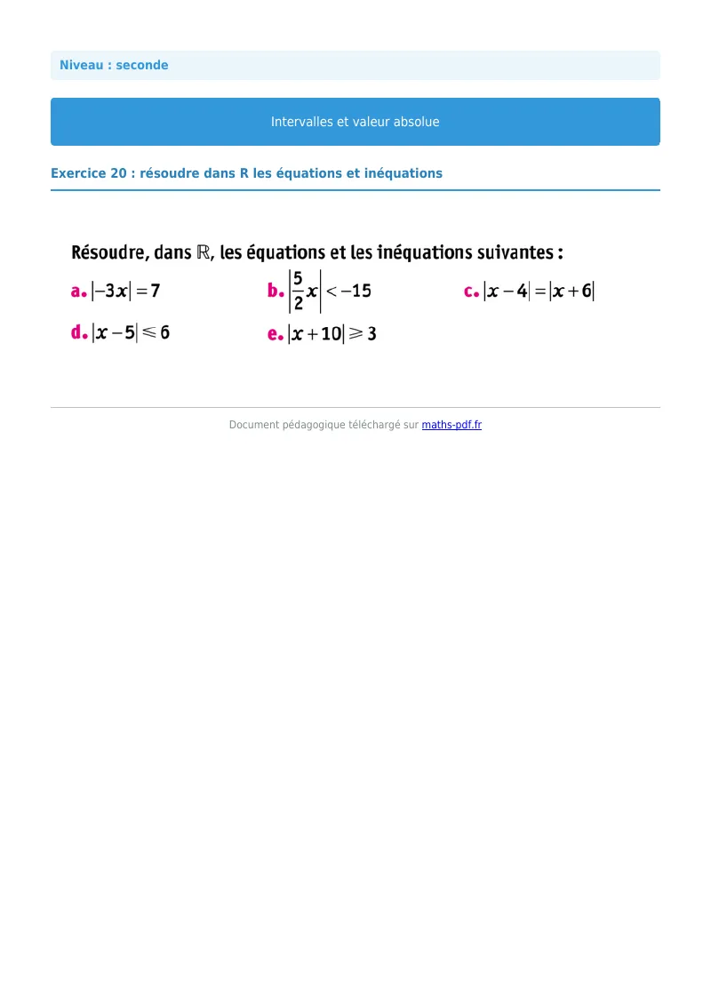 Intervalles et valeur absolue : exercice n°20 de maths en seconde corrigé en PDF
