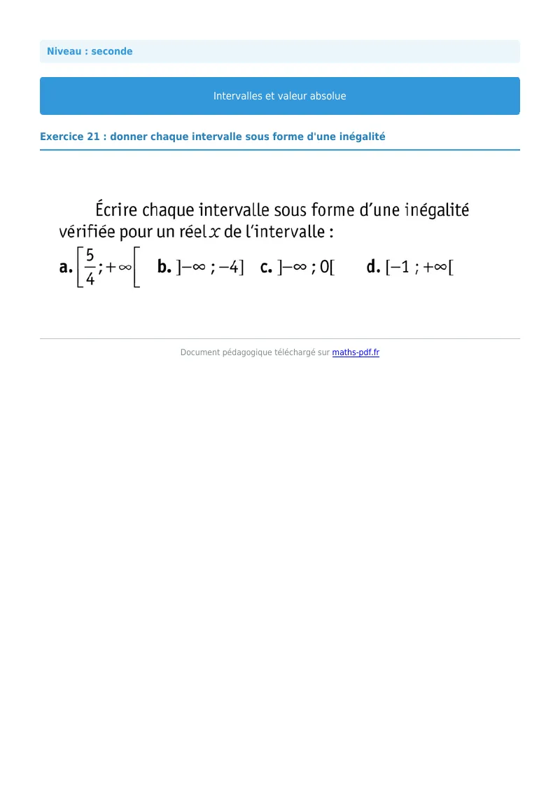Intervalles et valeur absolue : exercice n°21 de maths en seconde corrigé en PDF