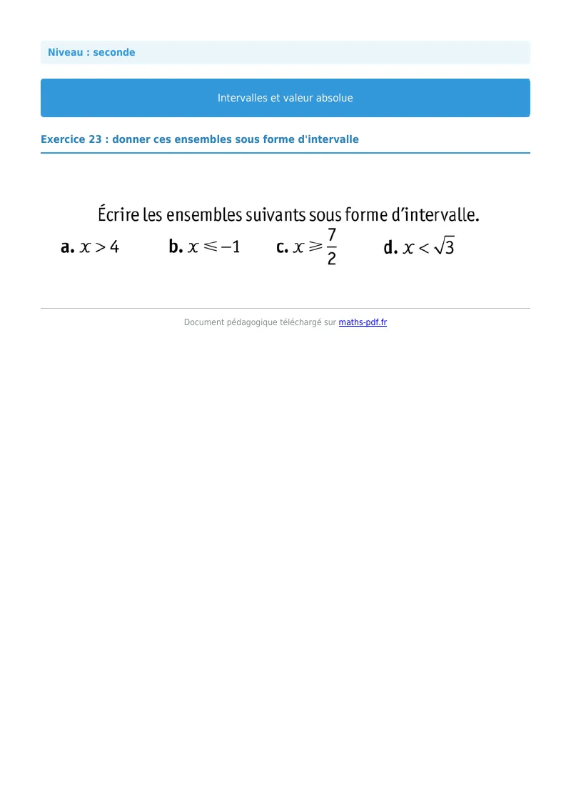 Intervalles et valeur absolue : exercice n°23 de maths en seconde corrigé en PDF