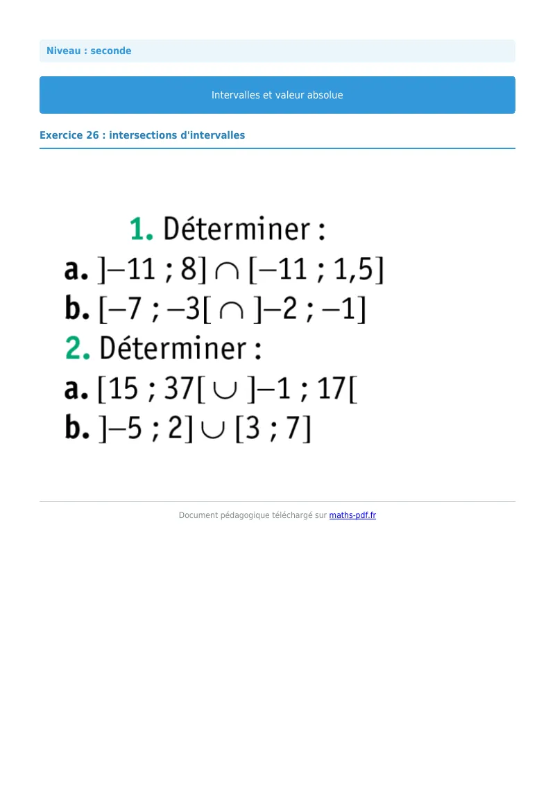 Intervalles et valeur absolue : exercice n°26 de maths en seconde corrigé en PDF