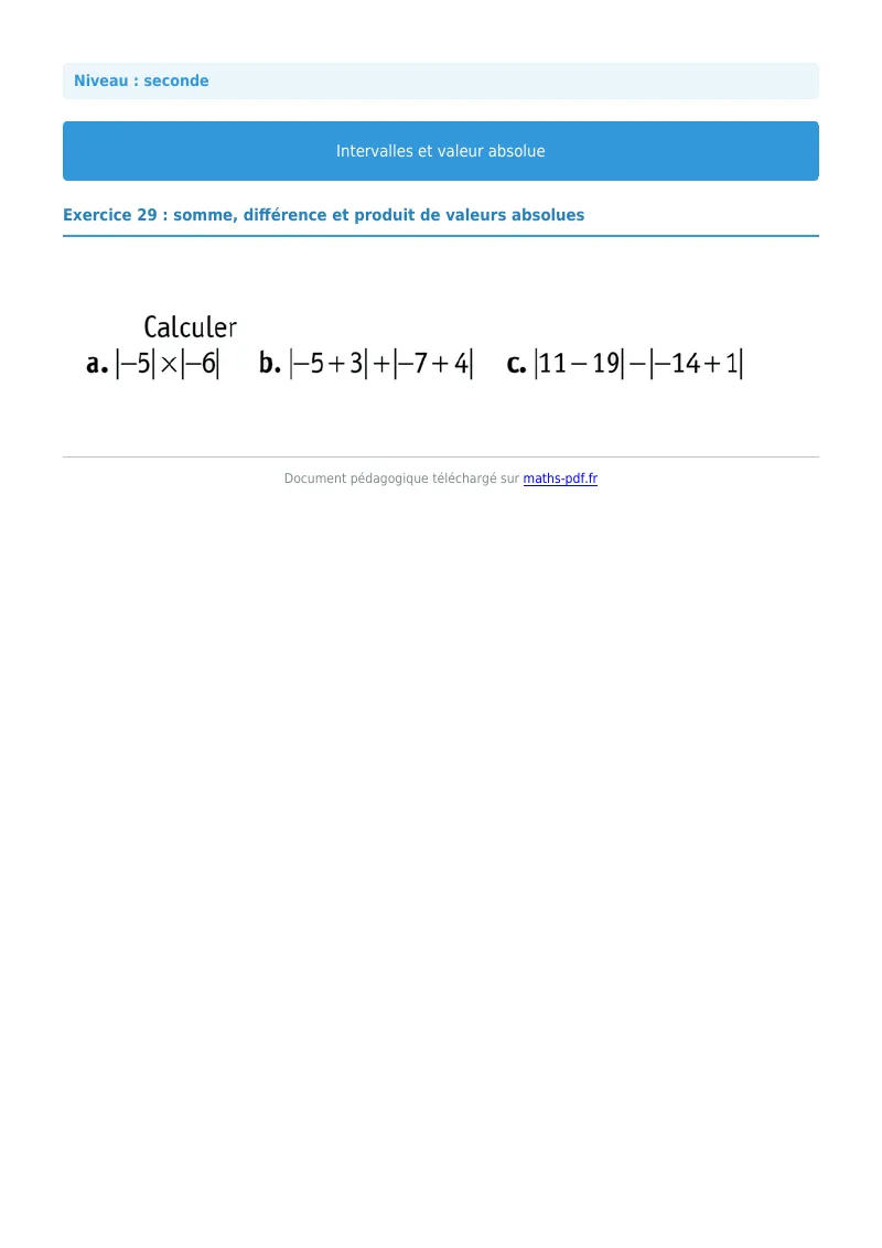 Intervalles et valeur absolue : exercice n°29 de maths en seconde corrigé en PDF