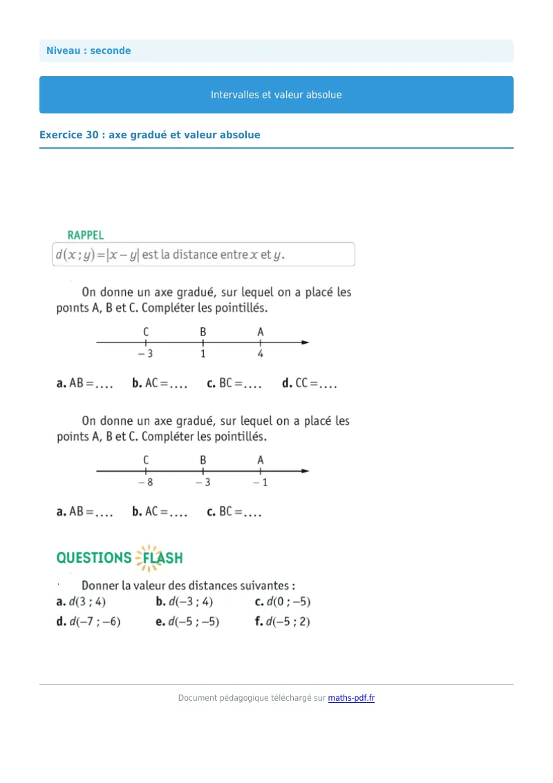 Intervalles et valeur absolue : exercice n°30 de maths en seconde corrigé en PDF