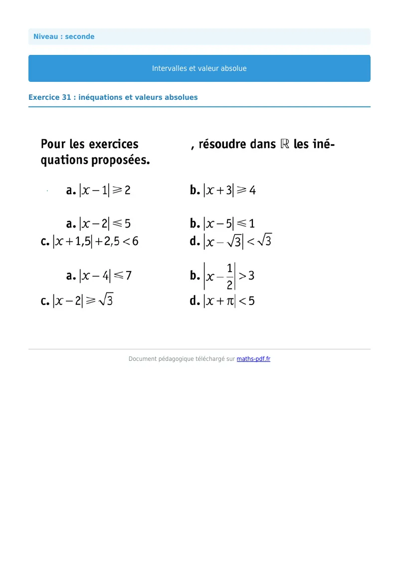 Intervalles et valeur absolue : exercice n°31 de maths en seconde corrigé en PDF