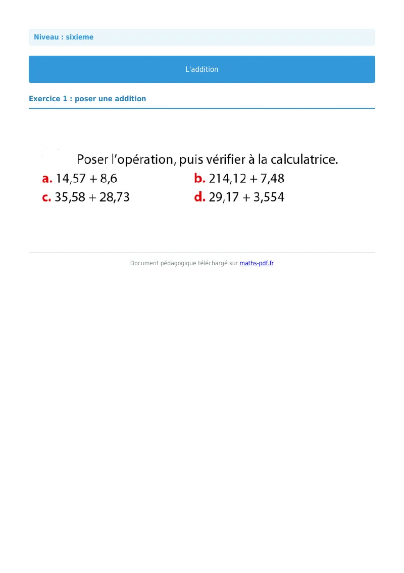L’addition : exercice n°1 de maths en 6ème corrigé en PDF